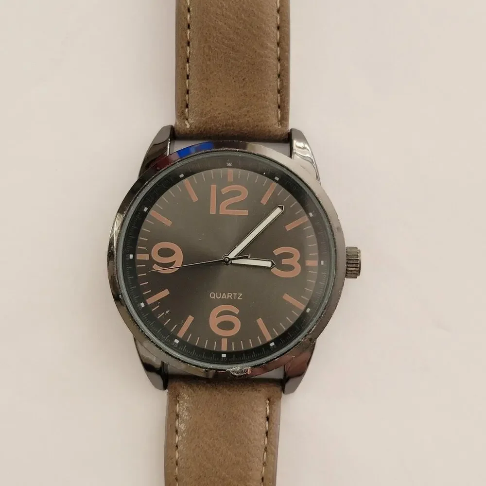 Mens Watch Black Dial 40mm Black Case Brown Faux Leather Strap Quartz Casual